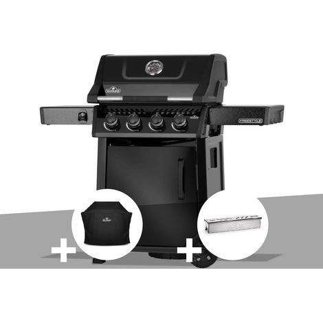 Barbecue gaz Freestyle 425 noir 4 brûleurs avec porte et brûleurs inox + Housse de protection + Boitier pour fumage - Napoléon