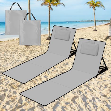 TolleTour 2x Strandmatte mit Rückenlehne Gepolstert klappbar UV-beständig Tasche Reißverschluss Kissen Tragegurt Garten Camping Picknick Liegematte 145 x 47cm, Grau