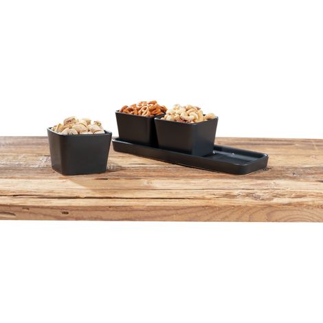 WENKO Set di ciotole Snack & Dip, 4 pezzi, piccolo vassoio con 3 ciotole, capacità di 3 x 300 ml, ceramica di alta qualità, accessori Black Outdoor Kitchen, per tapas e snack, 30 x 10 x 8 cm, nero (1/6)