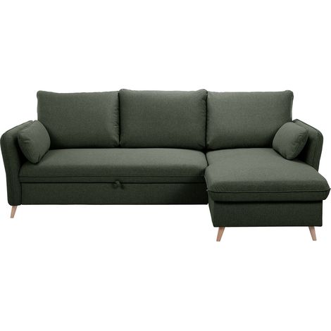 Divano ad angolo convertibile reversibile con vano portaoggetti 3-4 posti in tessuto verde cachi e legno chiaro DRISS