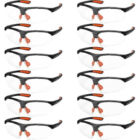 Pack of 12 CE Certified Black and Orange Safety Glasses with Clear Lenses - Protective Glasses with Rubber Nose Pads (1/5)