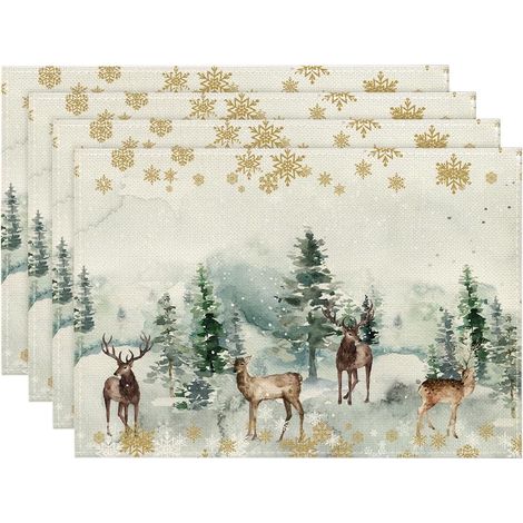 Weihnachten Platzsets 4er Set (30x45cm) mit Kiefern Elch Schneeflocken Tischmatten für Winter Urlaub Bankett Tischdeko Platzdeckchen