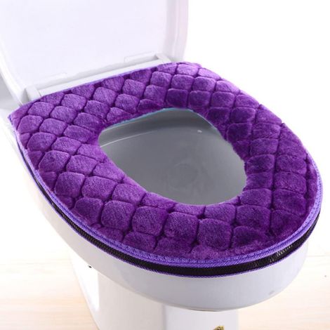 1 Couvercle de siège de toilette, extensible, en peluche lavable, doux et chaud, pour salle de bain, violet (1/5)