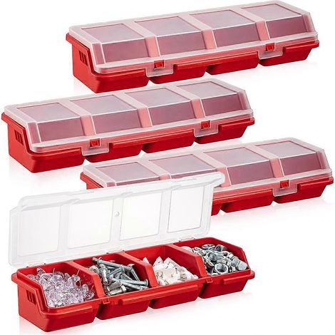 Lot de 4 boîtes de rangement pour vis et boulons avec fermetures, en plastique rouge. (1/5)