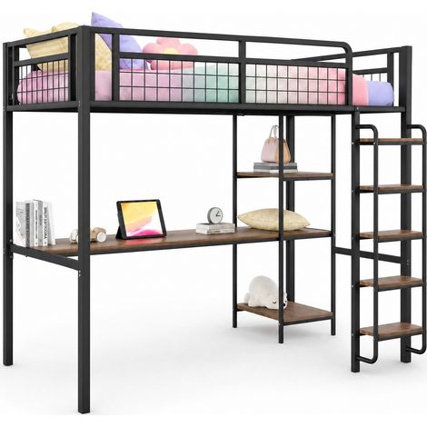 Lit mezzanine métal 90 x 200 cm gain de place avec bureau et étagères, lit enfant avec échelle à marches larges, garde-corps en grille, noir - CHICFURN (1/5)