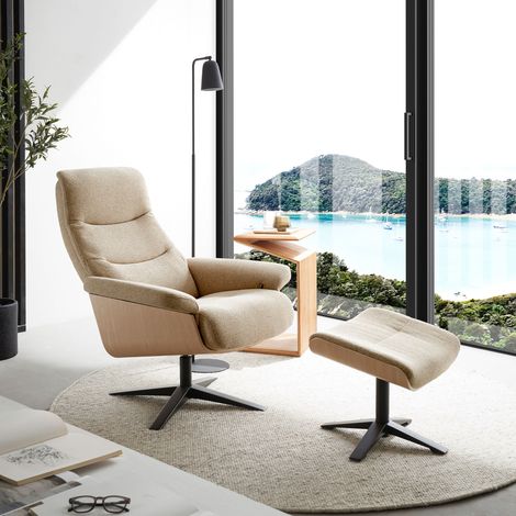 Fauteuil pivotant 82x81x107cm en tissu beige et décor chêne (1/5)