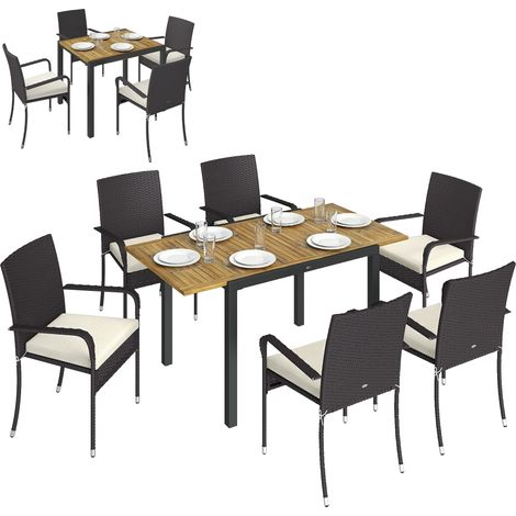 Outsunny conjunto de mesa y sillas jardín de ratán de 7 piezas con mesa extensible tablero madera y 6 sillas apilables cojines, marco de acero, crema