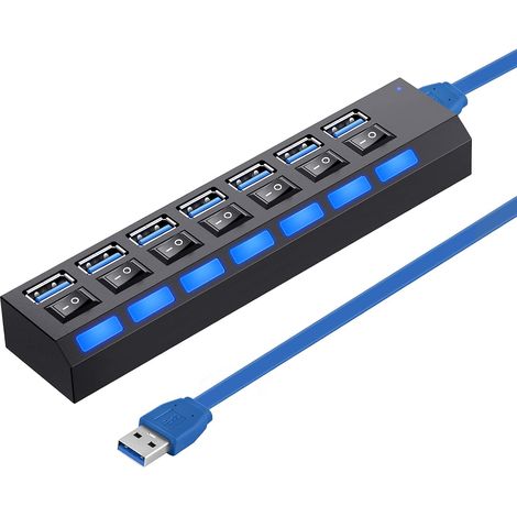 Répartiteur USB multiport, hub USB 3.0 à 7 ports, hub de données USB A avec interrupteur marche/arrêt indépendant et indicateurs LED, pour ordinateur (1/4)