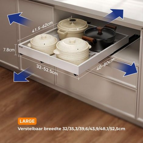 Organisateur de tiroir de cuisine, organisateur de meuble sous évier et de placard de cuisine, étagère de cuisine télescopique, extensible, réglable, à fermeture amortie, blanc, grand format (1/5)
