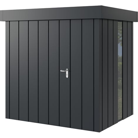 Hörmann Metall-Gerätehaus "Juno" mit Flachdach, JFD4 - Modern, 214 x 166 cm (B x T), anthrazit, mit bodentiefem Fenster, 1-flüglige Tür, Anschlag links (1/5)