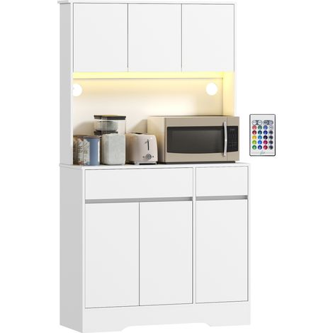 Küchenbuffet mit RGB-LED-Beleuchtung, weißem Wandschrank, integrierter Arbeitsplatte, 6 Türen und 2 Schubladen, modernes Design für geräumige Küchen.