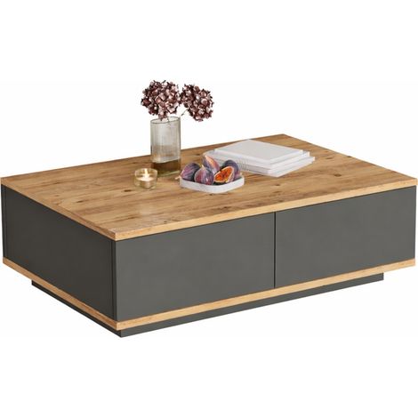 Table Basse 2 Abattants 2 Niches Chêne et Gris L 90 H 28.6 P 60 cm (1/5)