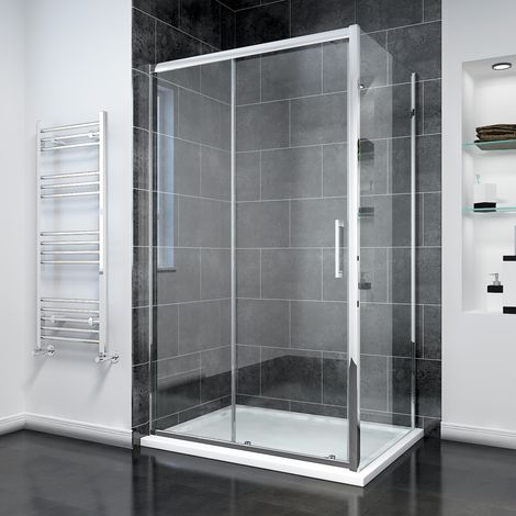 ELEGANT Sliding Shower Door Modern Bathroom 8mm Easy Clean Glass Shower Enclosure Cubicle 1000 x 800mm with Shower Tray+ Side Panel (1/5)