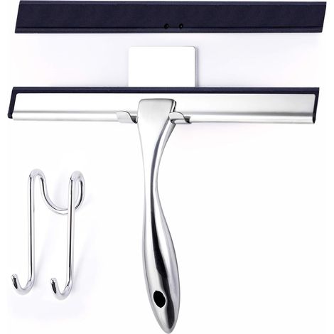 MIMOSON-Shower squeegee, stainless steel window squeegee shower squeegee with adhesive hook without drilling, silicone wiper lip glass squeegee for bathroom mirror window glass cleaning, including 1 r (1/5)