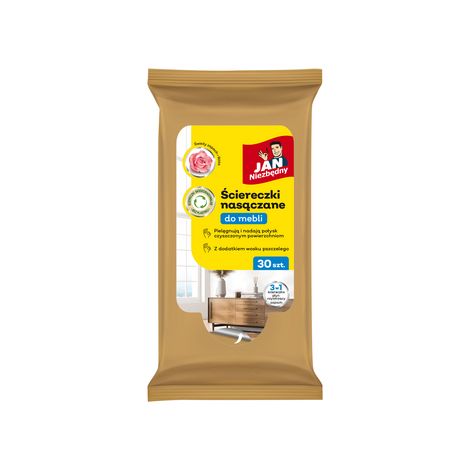 Toallitas húmedas esenciales JAN para muebles 3 en 1, paquete de 30 unidades.
