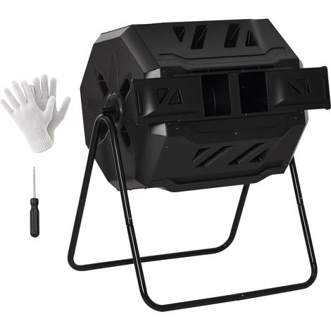 Composteur de jardin - Conteneur à compost - Rotation à 360° - Double compartiment 160 L - Acier PP noir (1/5)
