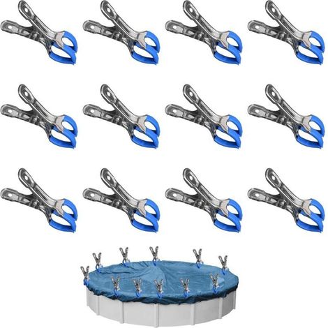 12 pinces métalliques pour couvertures de piscine, clips de fixation pour serres de jardin avec film protecteur, pinces pour piscines hors sol, pinces robustes pour couvertures.