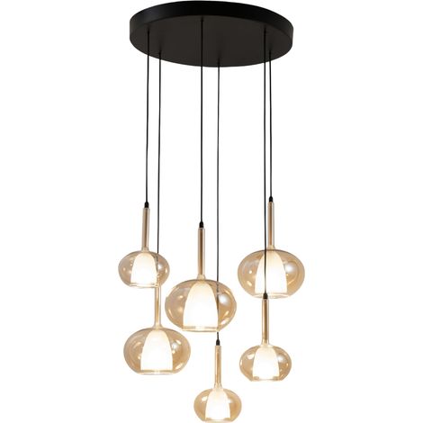 Suspension Edolo Ø530 Mm En Métal Et Verre Borosilicate Ambré, Douille E27+E14 6 X 40 W, Classe 1, Ip20, Design Moderne - Edolo (1/3)