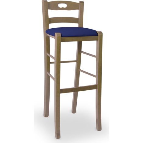 Sgabello h 80 in legno noce chiaro con manico e seduta imbottita similpelle blu
