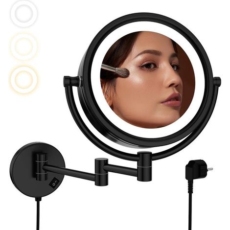 Miroir Maquillage Mural Lumineux - Miroir Grossissant x5 Noir - 3 Couleurs de Lumière - Telescopique - Salle de Bain - Double Face,Diamètre 20 cm (1/5)