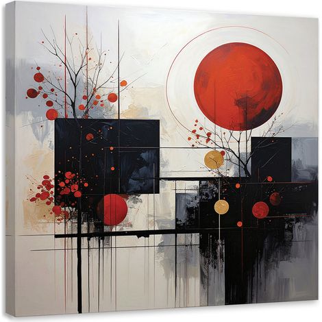 Image sur Toile, Abstraction cercles et feuilles en beige et rouge,30x30 (1/4)