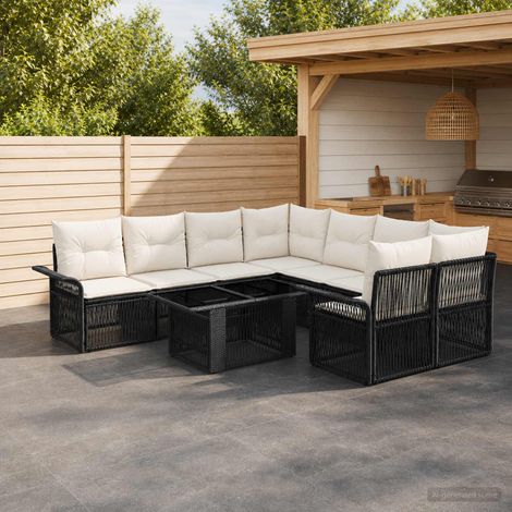 vidaXL Set Divano da Giardino 9 pz Nero e Bianco Crema polyrattan (1/5)