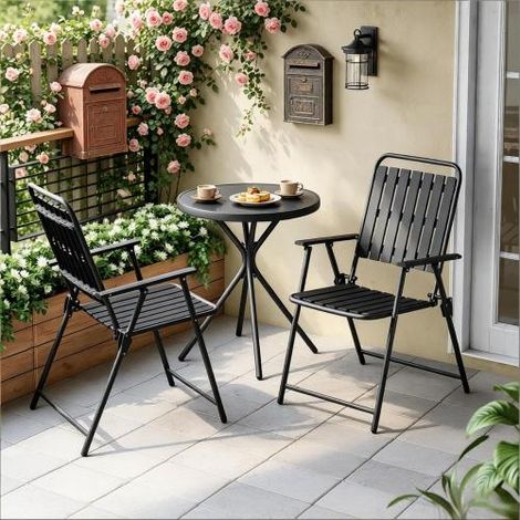 Salon de Jardin 3 Pièces Pliable, 1 Table Rond avec Plateau en Verre Trempé et 2 Fauteuils Pliants, Cadre Métal Antirouille, Charge 160 kg par Fauteuil, Noir (1/5)