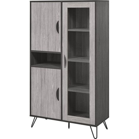 Altobuy – Vaisselier argentier 3 portes – Niche centrale – Structure panneaux particules décor chêne cendré – Piètement métal noir – Dimensions 90x40x160cm (1/3)