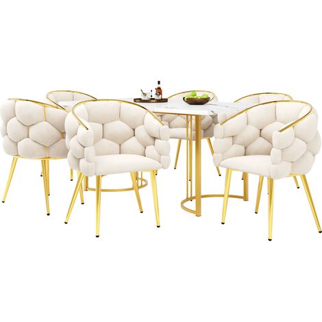 Juego de comedor 7 piezas 140 x 80 cm, efecto mármol, 6 sillas beige con patas doradas (1/5)