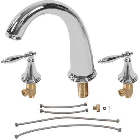Robinet lavabo 3 trous – cuivre – double poignée – style européen – argent – salle bain