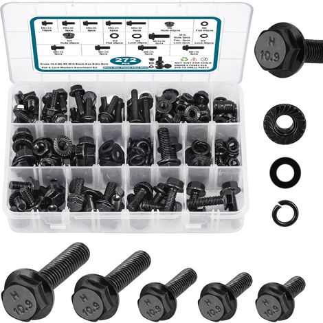 Kit d'assortiment de boulons et d'écrous de bride de qualité métrique 10.9, M6x1.0, M8x1.25, M10x1.5 Kit de rondelles de boulons et d'écrous hexagonaux de classe acier allié noir pour l'automobile