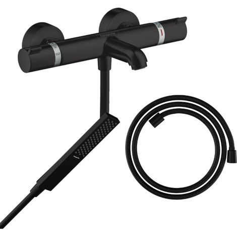 HANSGROHE Pack mezclador termostático para baño-ducha Ecostat Comfort + Designflex flexible + rociador Pulsify E negro mate