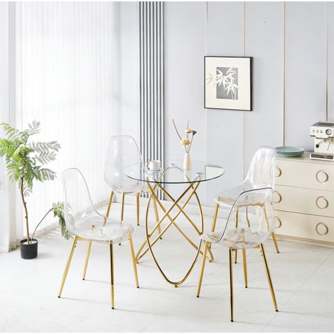 Conjunto de comedor de 5 piezas, mesa redonda de vidrio y 4 sillas, metal dorado (1/5)