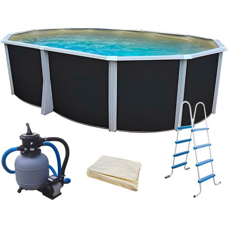 Piscine hors sol acier ovale 550x366x132cm – Parois laquées anthracite – Liner beige 0,40mm – Filtration à sable 3,6m³/h – Capacité 21.500L – TOI (1/5)
