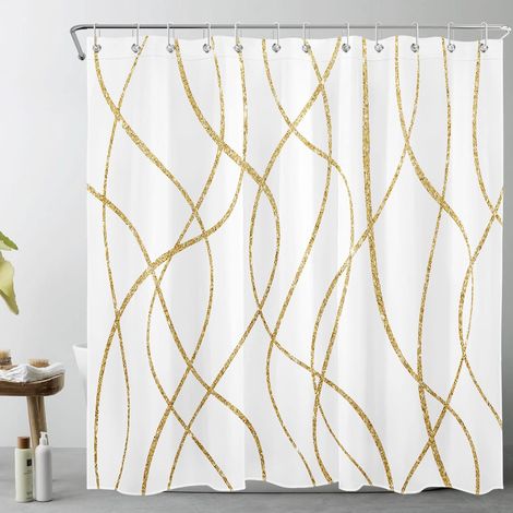 Abstrait Rideaux de Douche 180x180cm Rayures dorées Rideaux de Bain avec Crochets, Blanc géométrique Moderne Imperméable Polyester Anti Moule Salle de Bain Décor (1/5)
