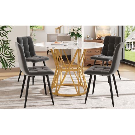 Set de salle à manger 5 pièces, table cuisine ronde 100 cm diamètre, plateau marbre MDF, pieds métal, 4 chaises salon velours gris.