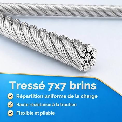 Câble métallique en acier galvanisé 5mm x 15m, structure 7x7 type aviation avec serre-câbles et cosses cœur, pour clôture, abri de jardin, voile d’ombrage et plantes grimpantes (1/4)