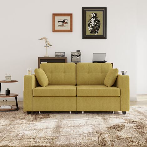 Divano dritto da 2 posti con 2 cassetti, USB, portabicchieri e tasche laterali, giallo, 172x75x82 cm (1/5)