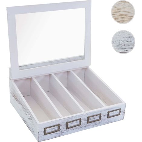 Boîte de couverts HWC-C25, avec couvercle, paulownia, shabby blanc, 37x33x17cm