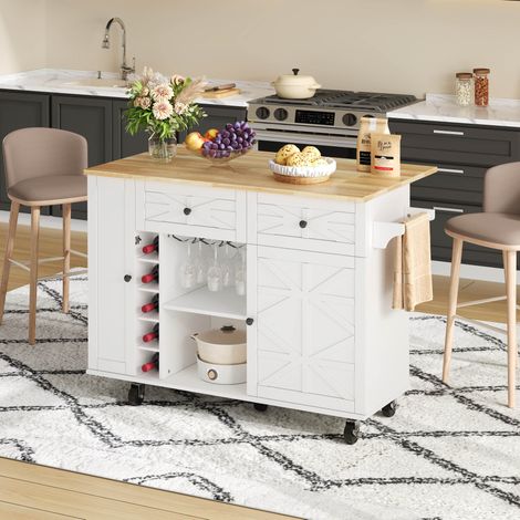 Mesa cocina con almacenaje plegable y ruedas blanca OKMYHOME (1/5)