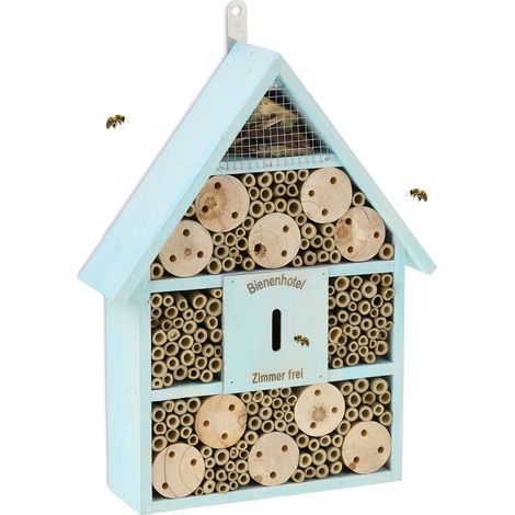 Relaxdays Bienenhotel, Nisthilfe Wildbienen, Garten, Balkon, Insektenhotel zum Aufhängen, Holz, HBT 38 x 29 x 9 cm, blau