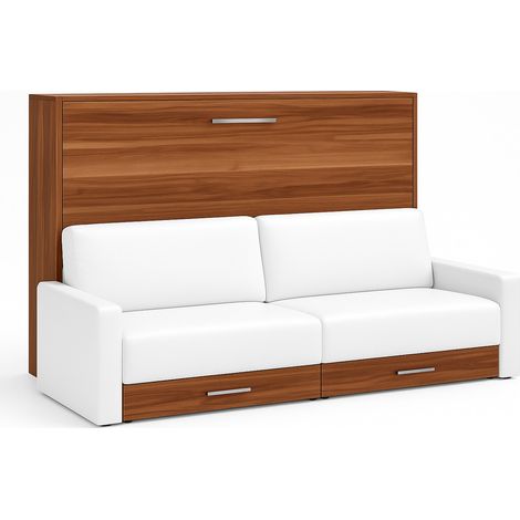 Lit escamotable horizontal avec canapé Vetal 120x200-Canapé Blanc-Structure et Façade Noyer (1/5)