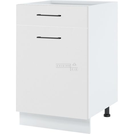 Meuble bas de cuisine Lovia Blanc Mat 1 porte 1 tiroir L 60 cm - Porte avec poignée apparente Coulisses tiroir avec amortisseur White (1/2)