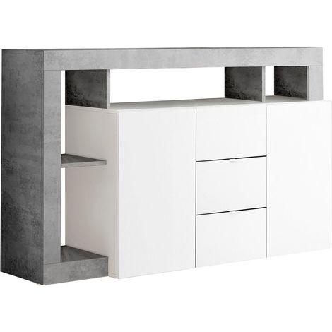 ARTURO - Buffet 2 Portes 3 Tiroirs Blanc Laqué Encadrement Niches Aspect Cimento (1/3)