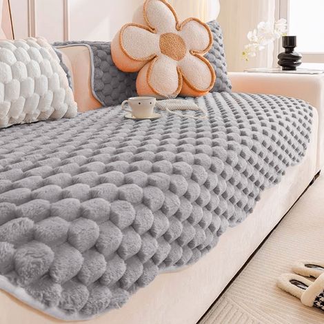 Grey Shaped Turtle Fleece Thickened Sofa Cushion Protector 210cm W x 90cm D