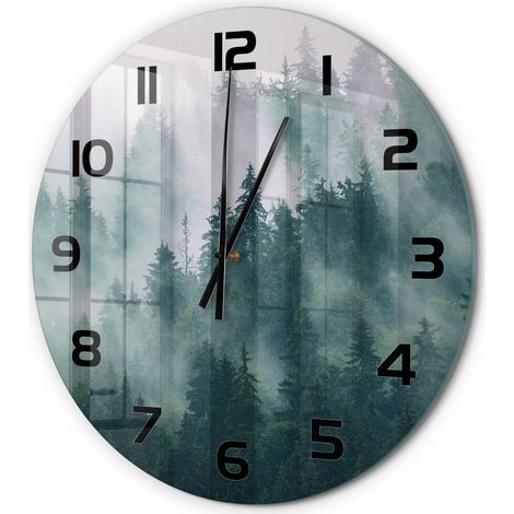 Horloge Murale Ronde Déco Salon Verre Trempé Silencieuse Design Contemporain Brouillard au-dessus de la forêt fi 60 cm (1/5)