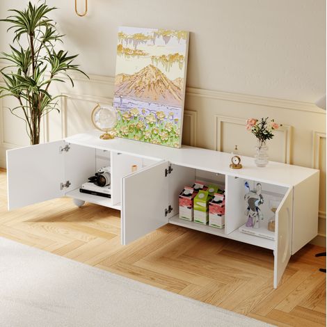 REDOM - Meuble TV 180.5x38x50cm Portes à relief rond 3D Matériau MDF et panneaux de particules Blanc (1/5)