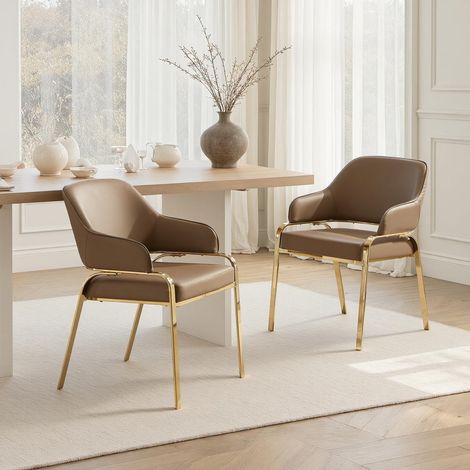 Wahson Dinging Chairs 2Pcs, PU Leather Kitchen Chairs with Openwork Backrest Armchair for Dining Room Living Room Home, Brown