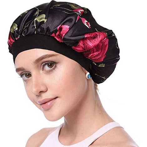 Bonnet nuit satin double épaisseur, imprimé, élastique large, soin cheveux longs (1/4)