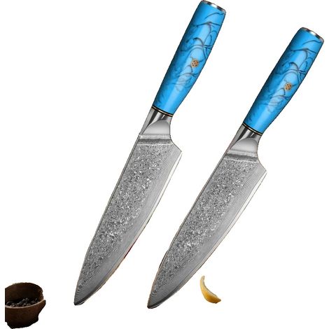 Küchenmesser Set, 20 cm Klingenlänge, 18 cm Klingenlänge, Damaststahl Material, rutschfester Griff, FCM zertifiziert (1/5)